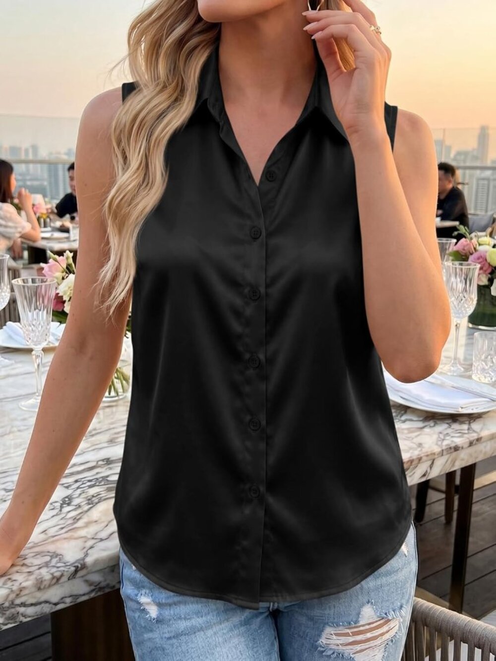 Women's Black Sleeveless V Neck Button Down Loose Fit Casual Blouses Tank Tops - Picture 5 of 6